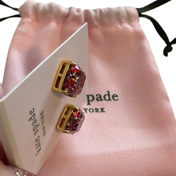 Kate Spade Earrings square pink red multi sparkle. Perfect for Holiday Christmas - Picture 5 of 6